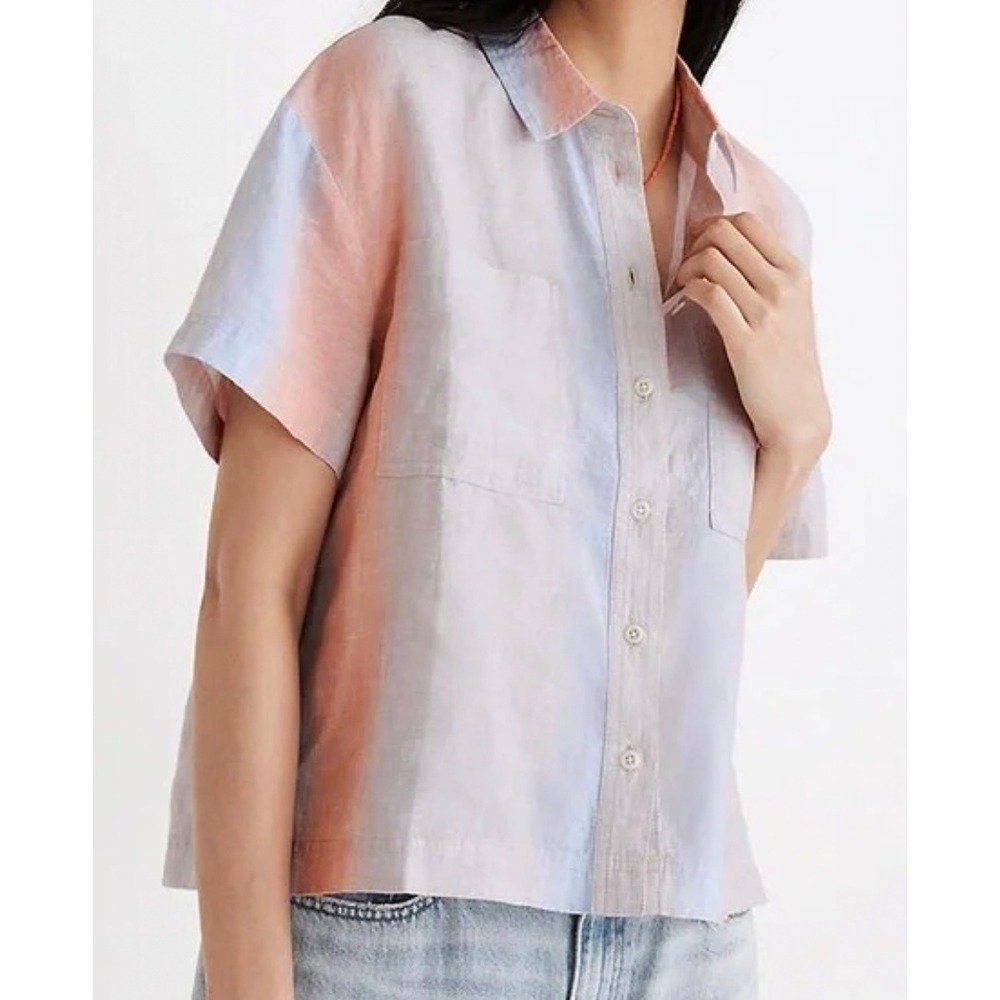 Madewell Ombre Linen Boho Beachside Short Sleeve Button Up Shirt SZ M